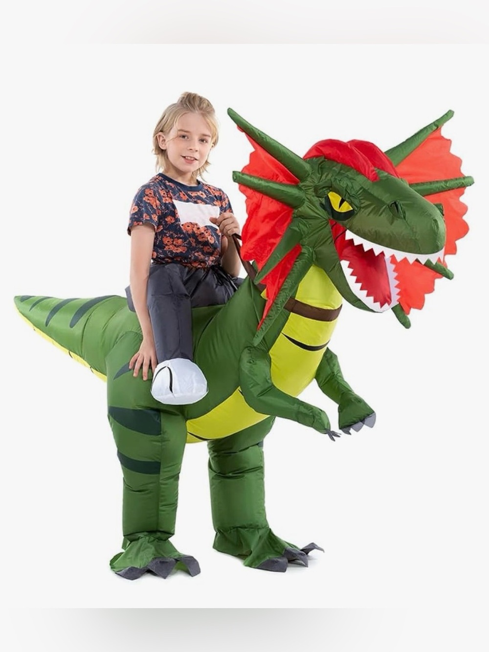 Dilophosaurus Dinosaur inflatable Adult Costume. Halloween green dinosaur body